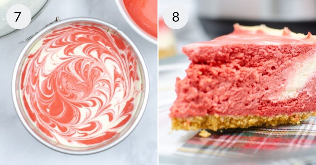 2 images showing the swirled cheesecake and finished slice of cheesecake