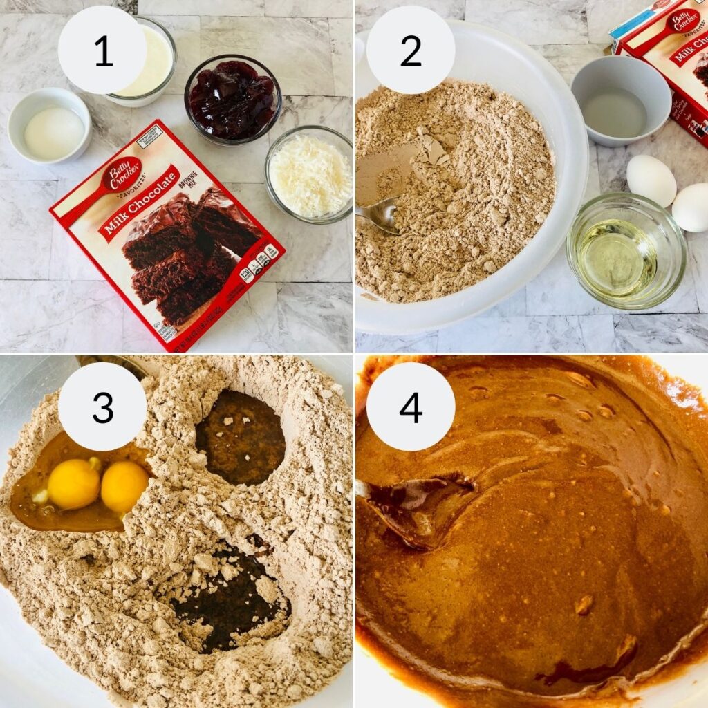 a collage of four images showing how to make the brownie batter