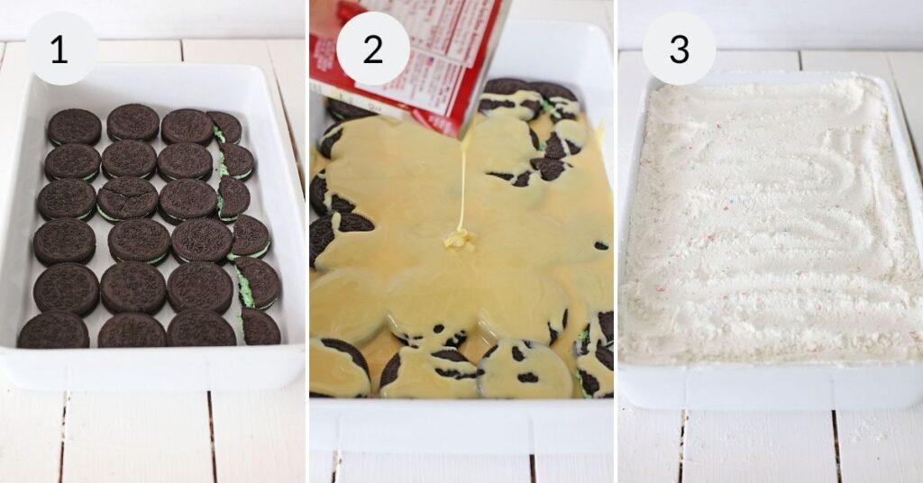 a collage of 3 images showing the first 3 steps of making chocolate mint cake