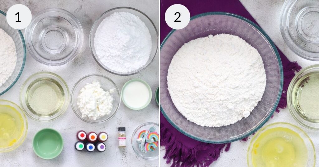 a collage of 2 images showing the ingredients needed to make colorful cupcakes 