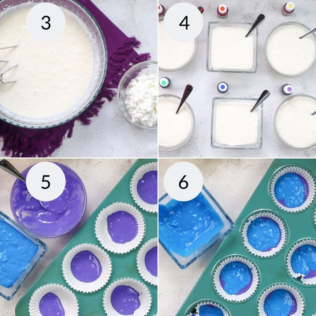 a collage of 4 images showing the steps needed to make the purple and blue colors of the colorful cupcakes