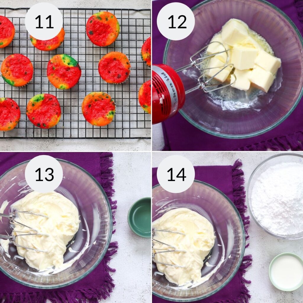 a collage of 4 images showing the baked rainbow colorful cupcakes and the 3 steps needed to make the frosting