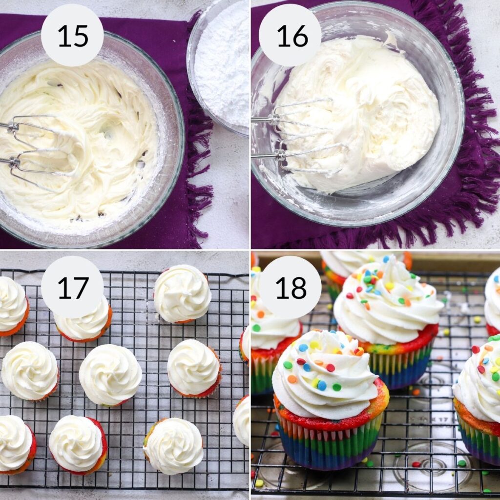 a collage of 4 images showing the steps needed to frost the rainbow cupcakes