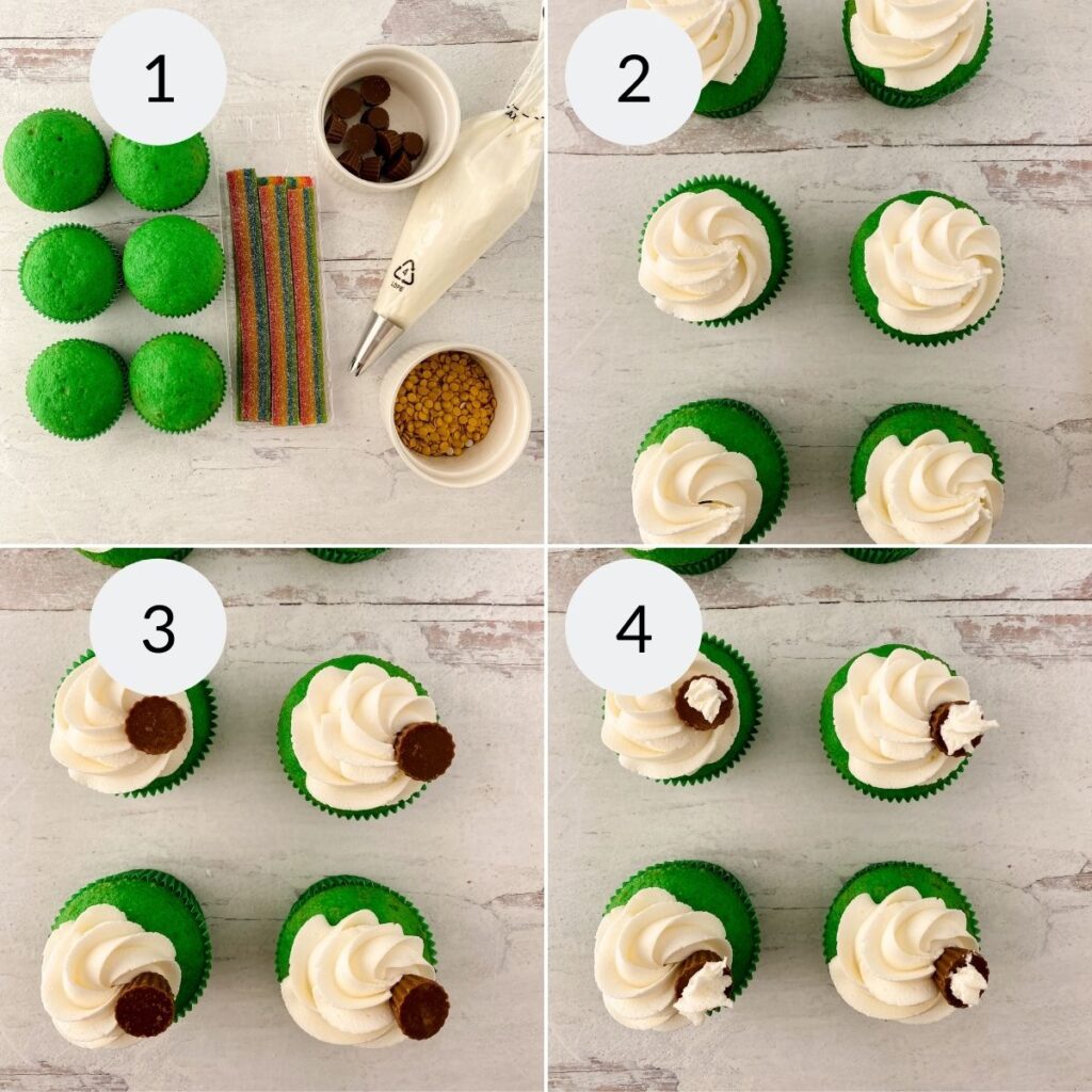 a collage of 4 images showing the steps to start decorating the Rainbow St. Patrick's Day Cupcakes