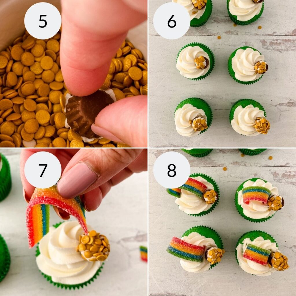 a collage of 4 images showing the steps needed to decorate Rainbow St. Patrick's Day Cupcakes