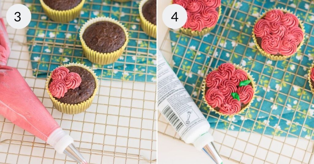 2 images showing how to create the roses on the cupcakes