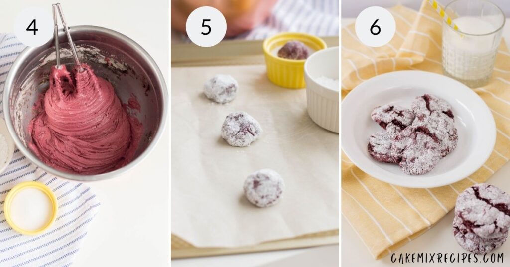 a collage of 3 images showing the steps of making red velvet cake cookies