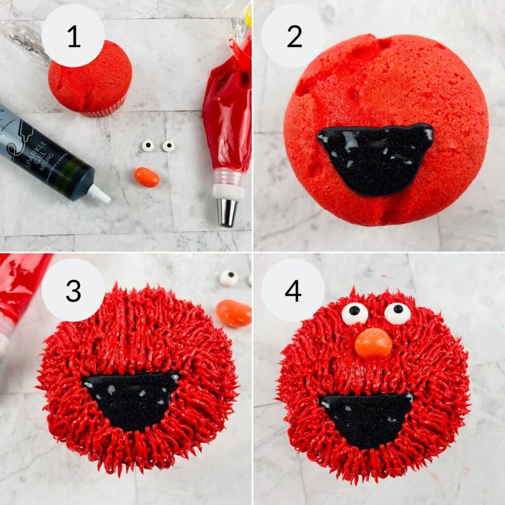 a collage of 4 images showing the steps needed to make an Elmo cupcake