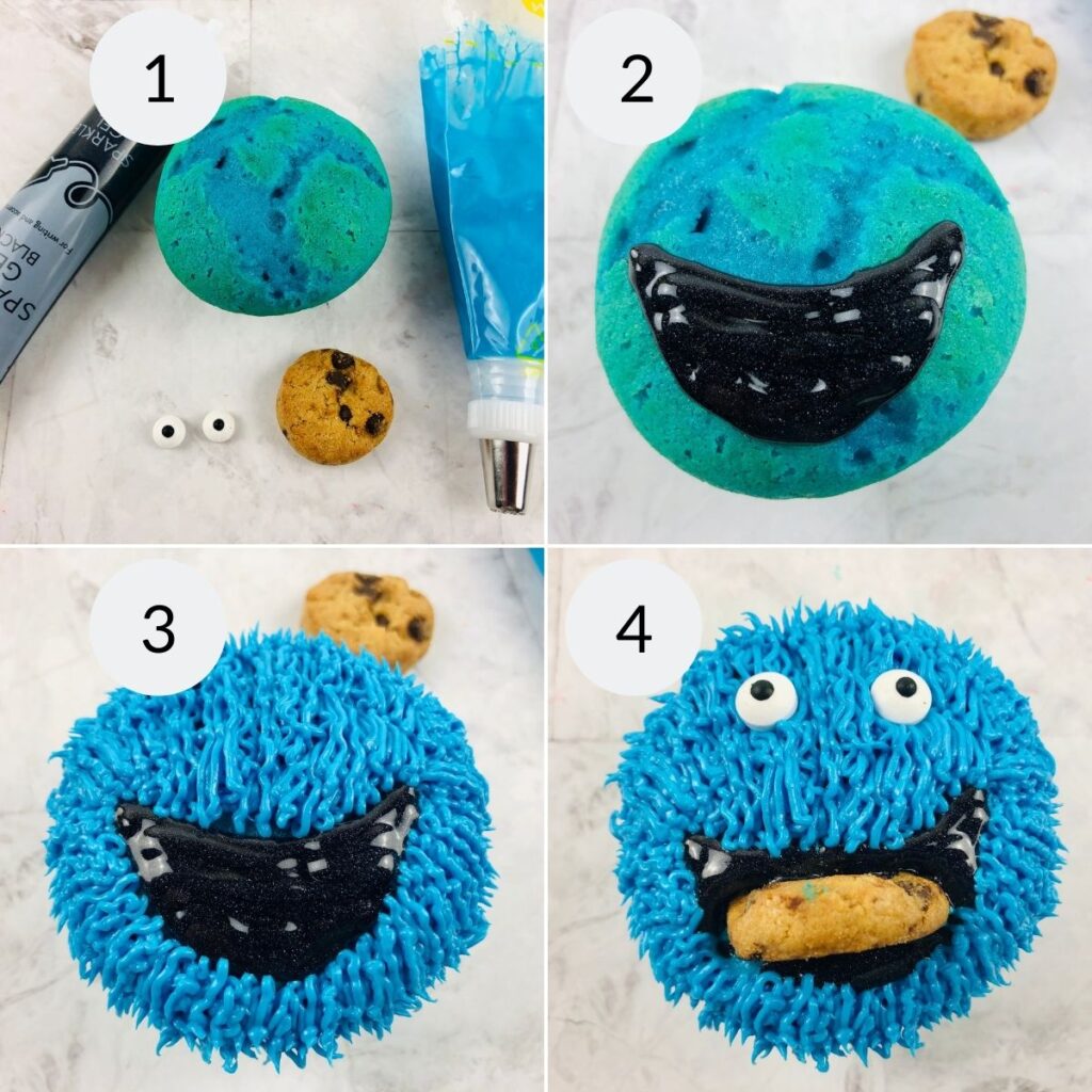 a collage of 4 images showing the steps needed to make Cookie Monster cupcakes