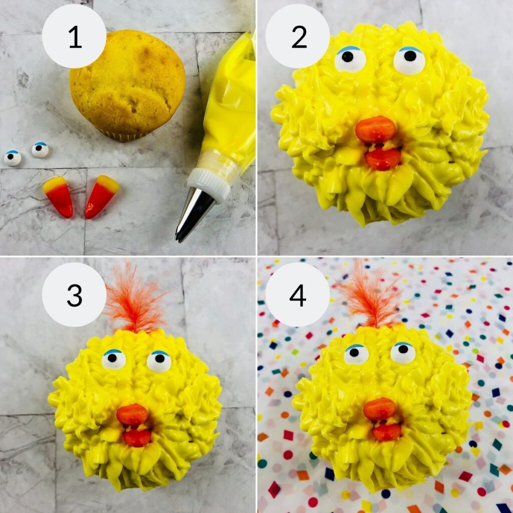 a collage of 4 images showing the steps needed to make a Big Bird cupcake