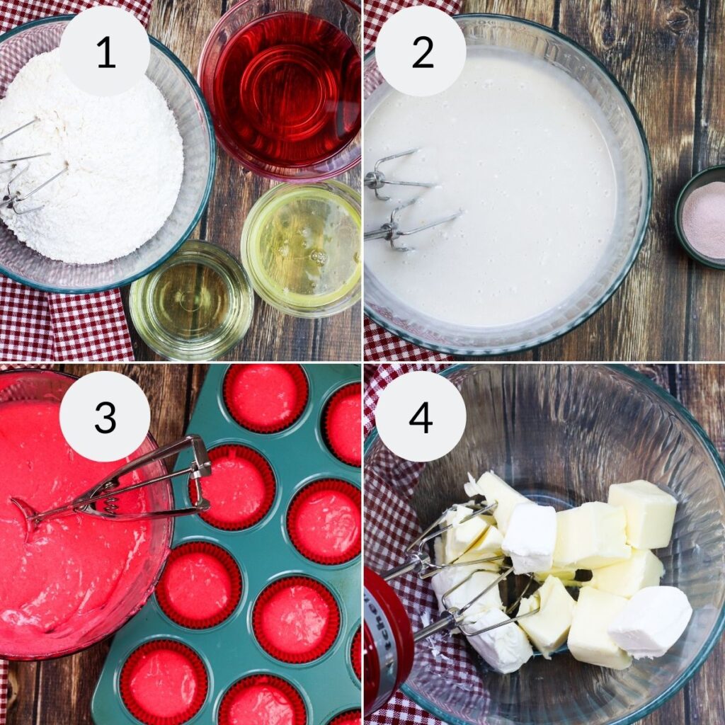 a collage of 4 images showing the steps to make Shirley Temple cherry cupcake batter
