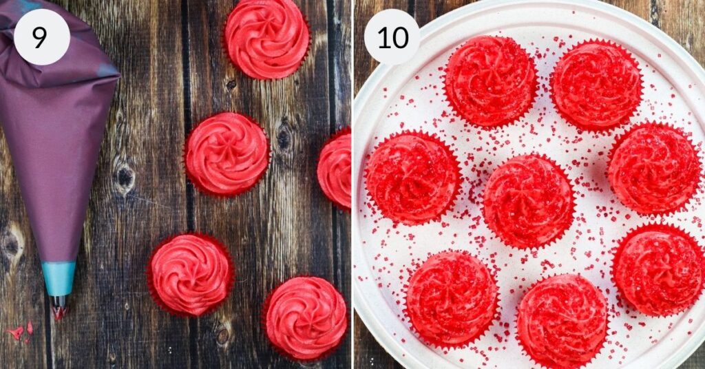 a collage of 2 images showing how to frost the Shirley Temple cherry cupcakes
