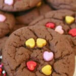 A chocolate cookie with hearts on the top. These valentine cake mix sugar cookies are the best.