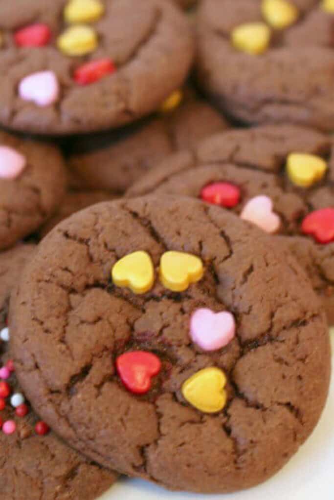A chocolate cookie with hearts on the top. These valentine cake mix sugar cookies are the best.