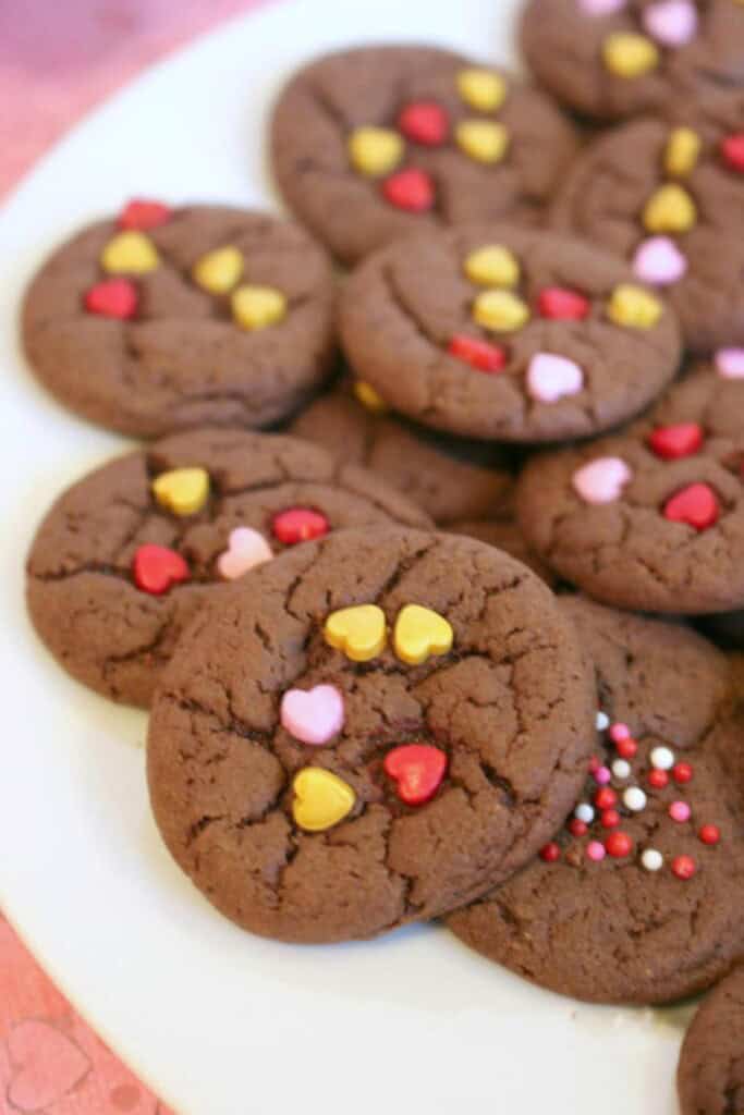 Valentine cake mix sugar cookies on a platter.