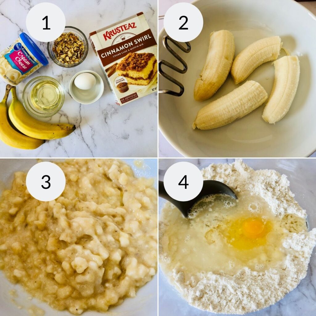 a collage of 4 images showing the ingredients and steps needed to make the batter for banana and cinnamon cupcakes