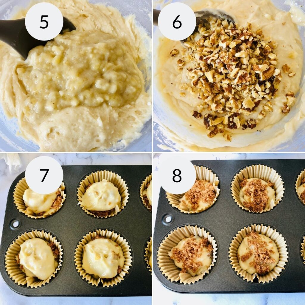 a collage of 4 images, 2 are showing how to make the rest of the batter for the banana and cinnamon cupcakes, the other 2 images are showing how to put the batter in the muffin tin