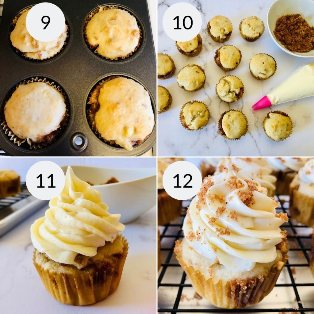 a collage of 4 images showing how to frost the banana and cinnamon cupcakes