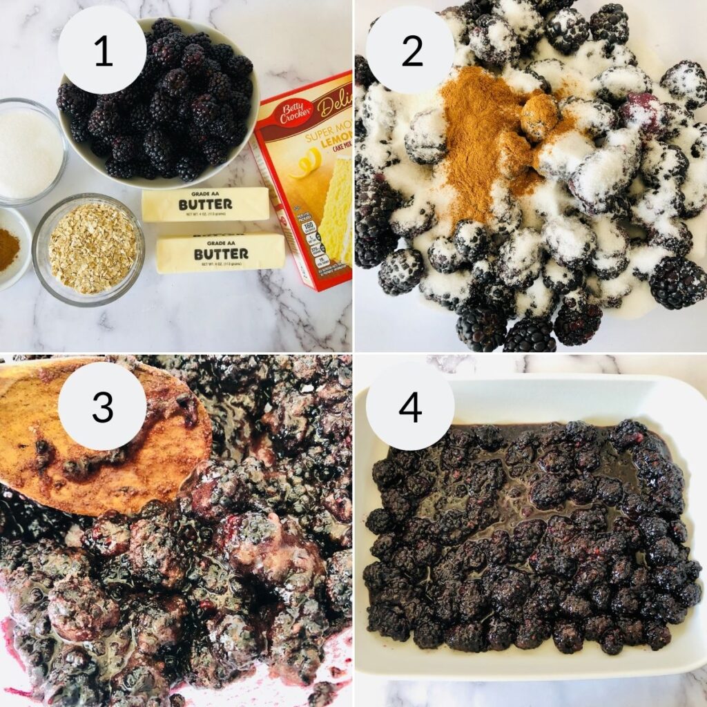 a collage of four images showing how to prepare the berries for the blackberry dump cake 