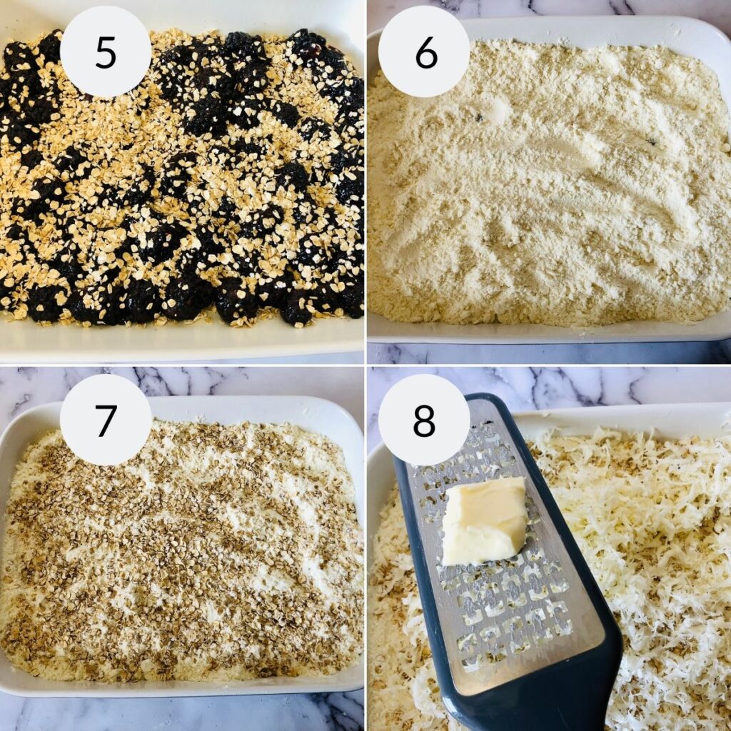 a collage of 4 images showing how to make the crumb topping for the blackberry dump cake
