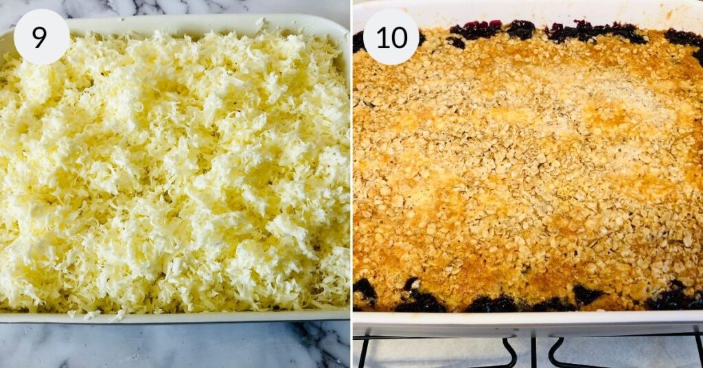 a collage of 2 images showing the blackberry dump cake before and after baking
