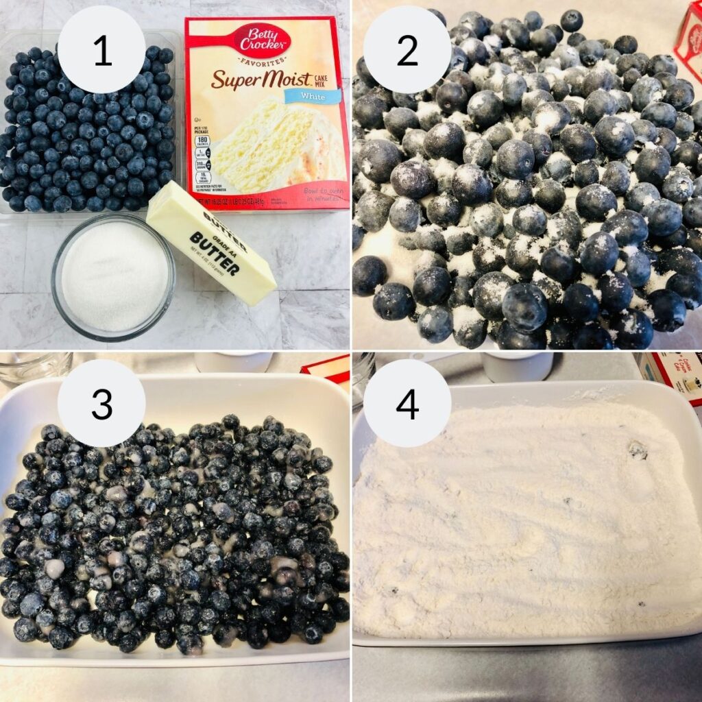 a collage of 4 images showing the ingredients and steps needed to make cake miix blueberry cobbler