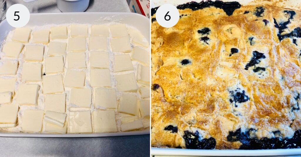 a collage of 2 images showing the final step in making cake mix blueberry cobbler and the finished product