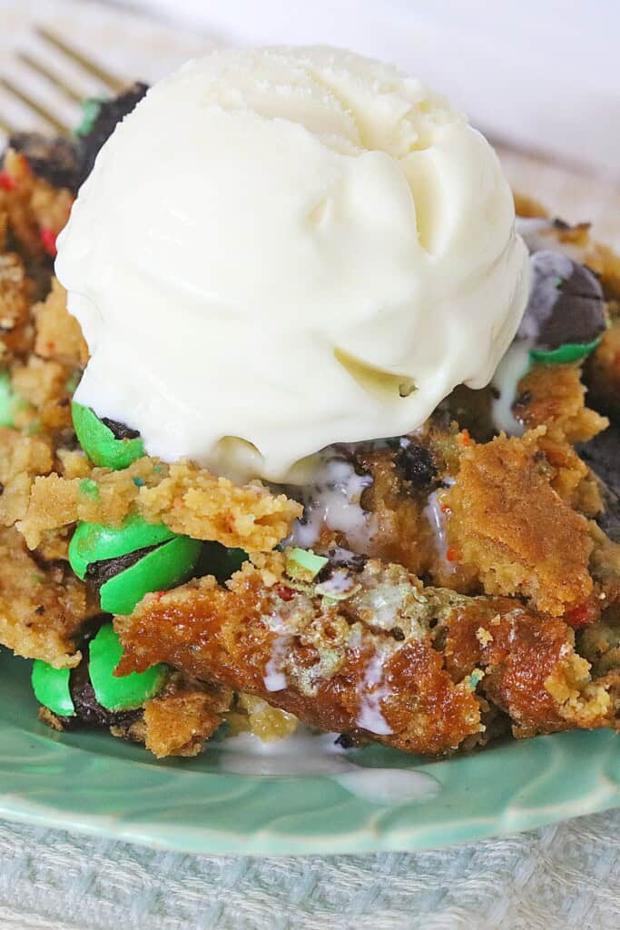 Ice Cream on top of the chocolate mint cake.