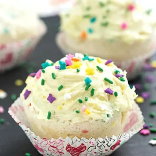 funfetti mug cupcake topped with rainbow sprinkles