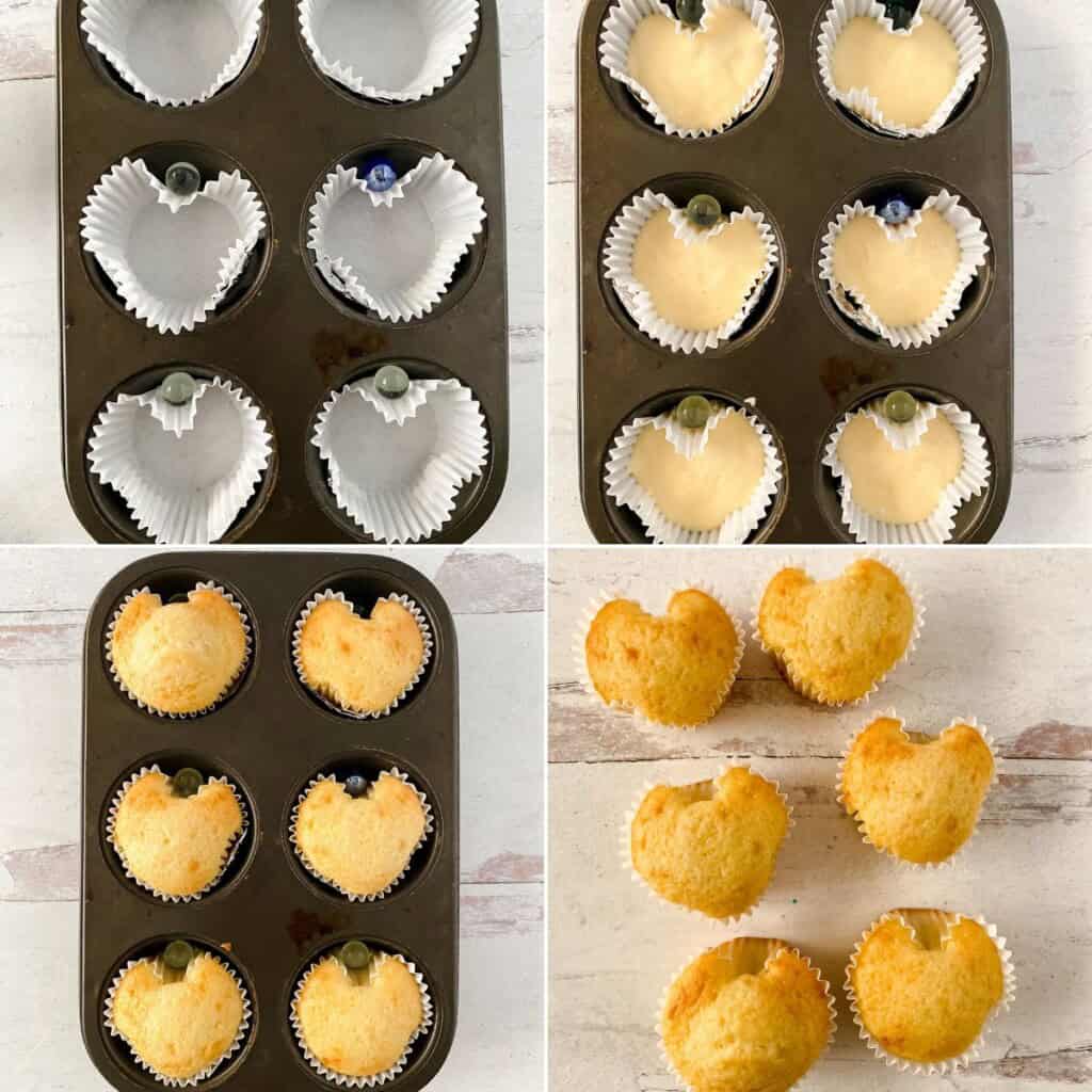 Making the cake and using the marbles to create the finished heart shaped cupcakes.
