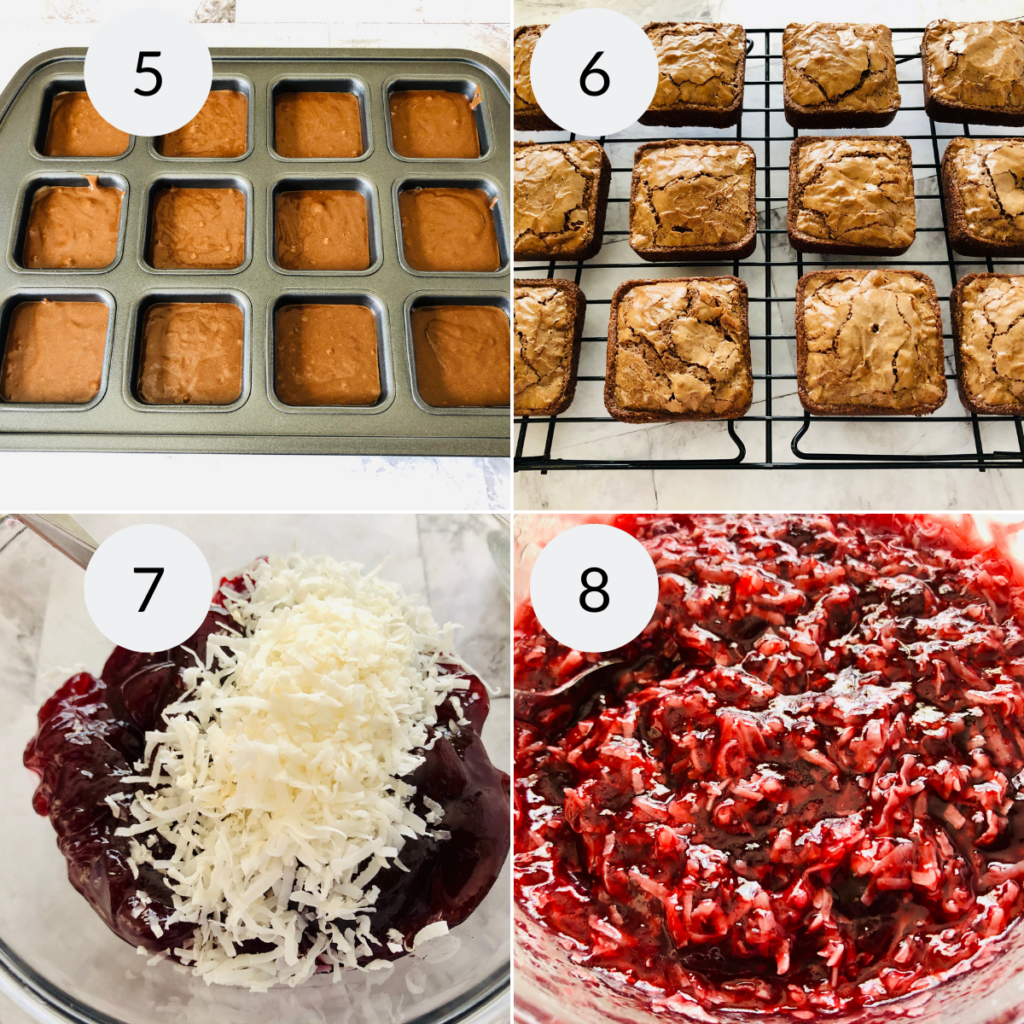 a collage of 4 images showing how to bake the brownies and how to mix the jam and coconut