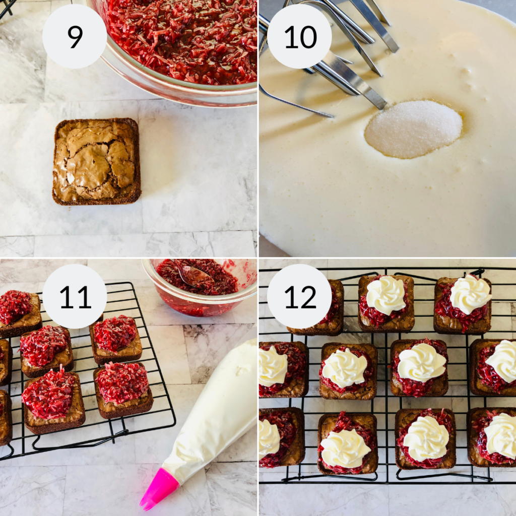 a collage of four images showing how to top the brownie with the raspberry mixture and how to make the whipped cream