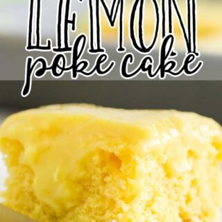 lemon poke cake served on a white plate with a fork
