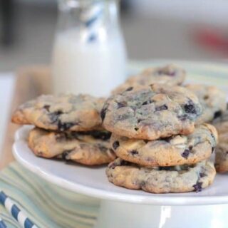 maple and bluberry white chocolate chip cookies made with pancake mix on a tray