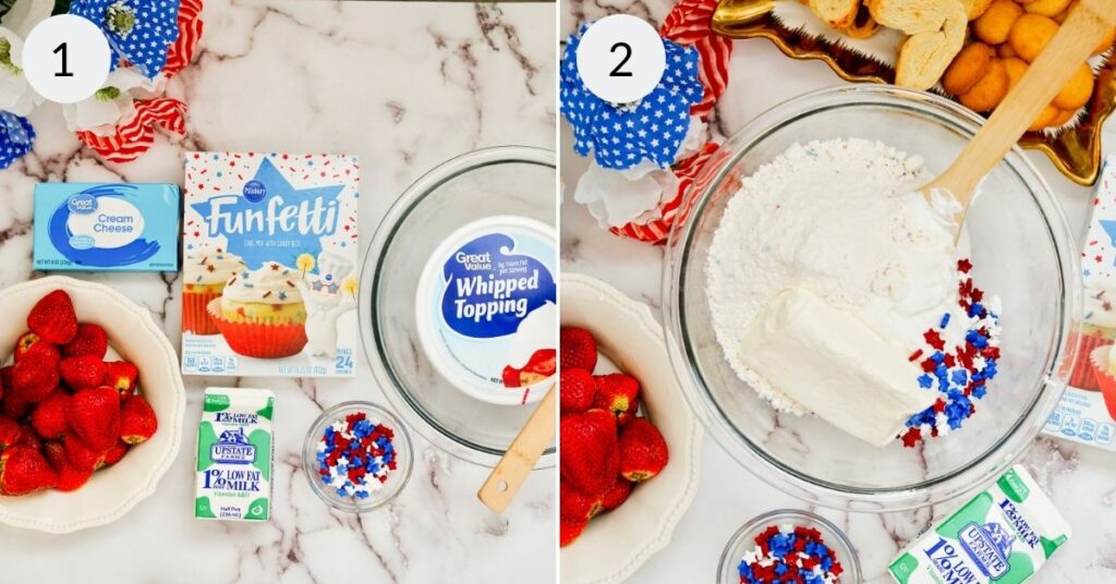 2 images showing the ingredients and the first step to make patriotic dunkaroo dip