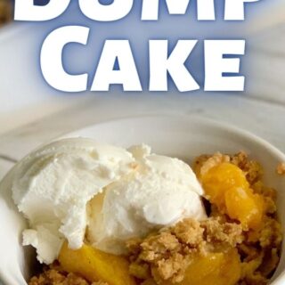 peach dump cake served in a white dish and topped with fresh peaches and ice cream
