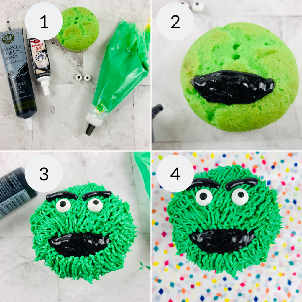 a collage of 4 images showing the steps needed to make an Oscar the Grouch cupcake