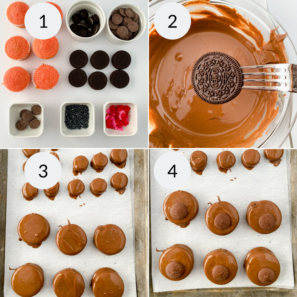 a collage of 4 images showing the ingredients, and the first 3 steps in making Teddy Bear Cupcakes