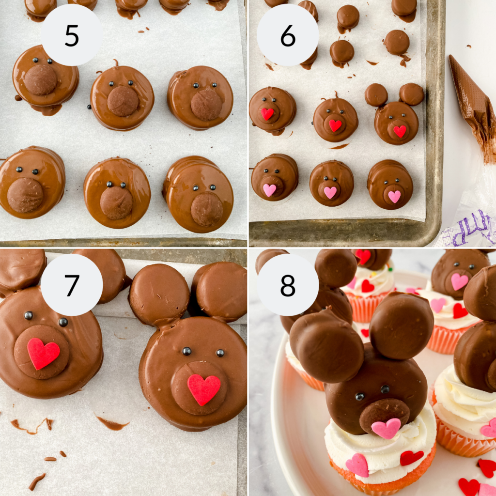 a collage of 4 images showing how to make the teddy bear faces to decorate the teddy bear cupcakes
