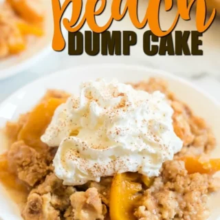 peach dump cake served on a dish with whipped cream on top