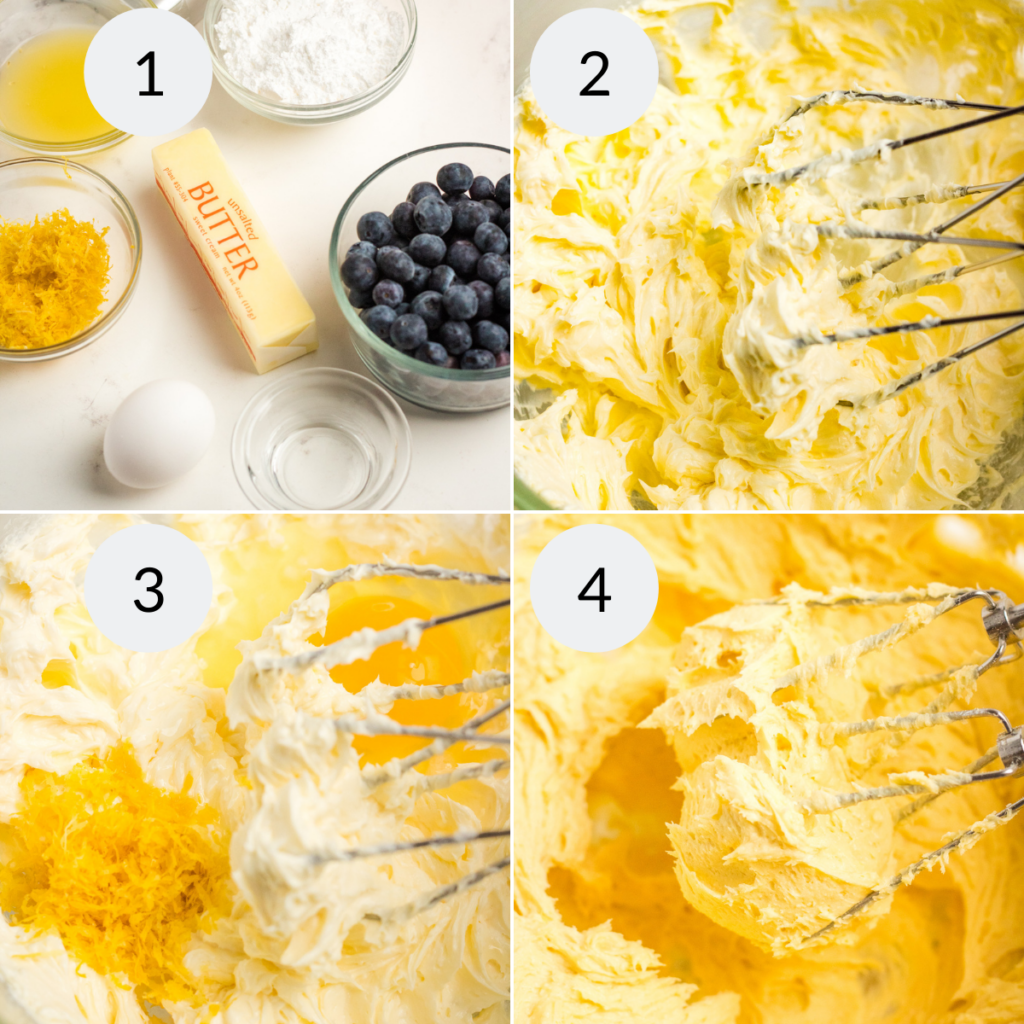 a collage of 4 images showing the ingredients and steps needed to make the batter for lemon blueberry cookies