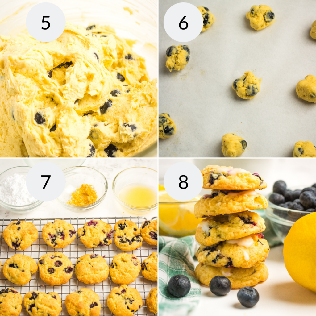 a collage of 4 images showing the steps needed to make lemon blueberry cookies