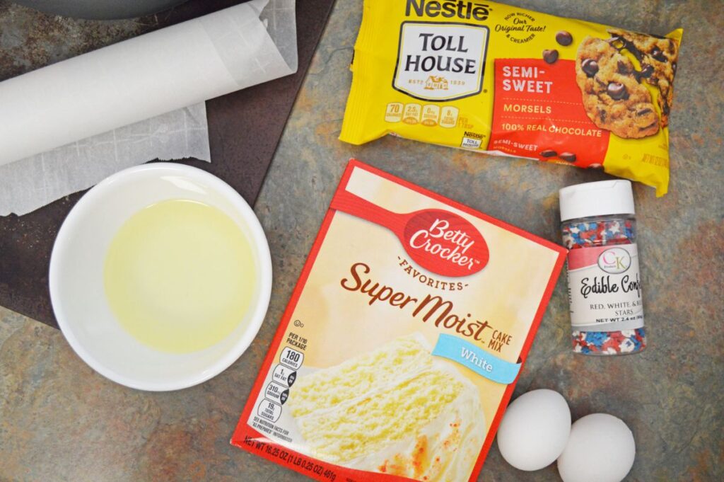Ingredients needed to make Chocolate Chip Cake Mix Cookies