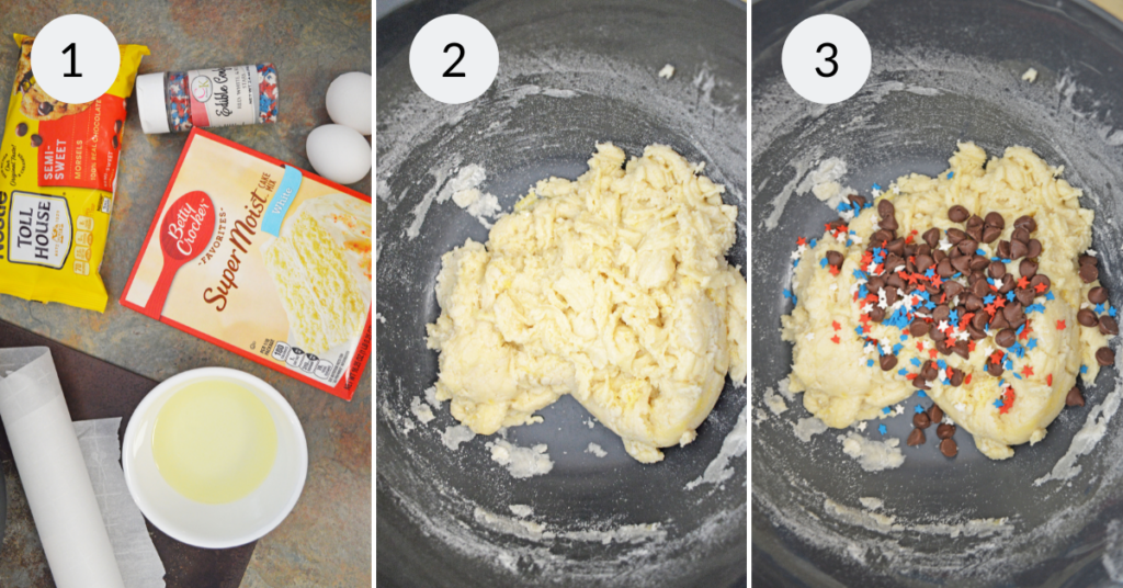 a collage of 3 images showing the ingredients and the first 2 steps to make chocolate chip cake mix cookies