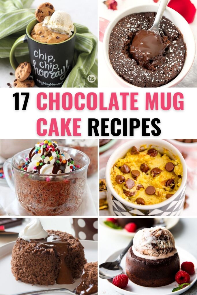 An assortment of chocolate mug cakes from cake mix with title text reading 17 Chocolate Mug Cake Recipes