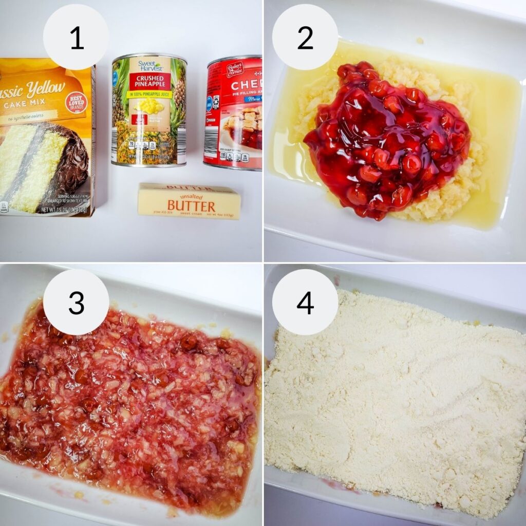a collage of 4 images showing the ingredients and first 3 steps needed to make pineapple dump cake with cherries