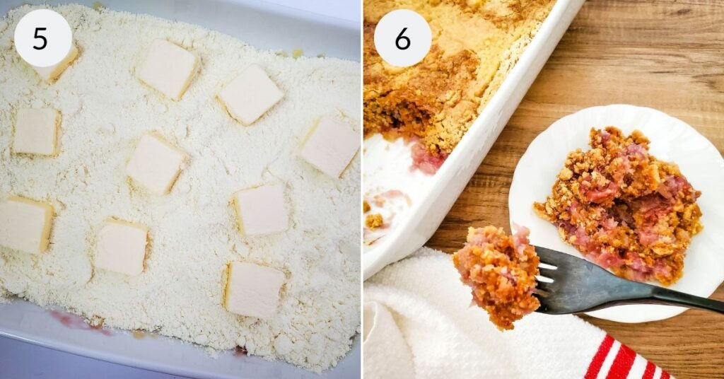 a collage of 2 images showing the final step of making pineapple dump cake with cherries and the cake on a fork above a white plate with more cake