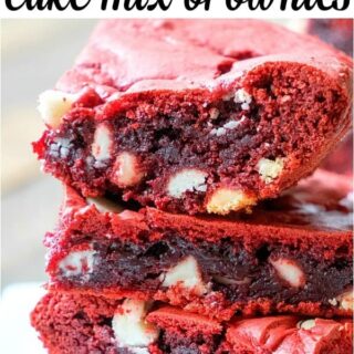 red velvet cake mix brownies stuffed with white chocolate chips