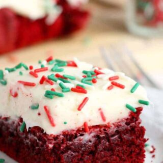 red velvet cake mix brownies with frosting and sprinkles