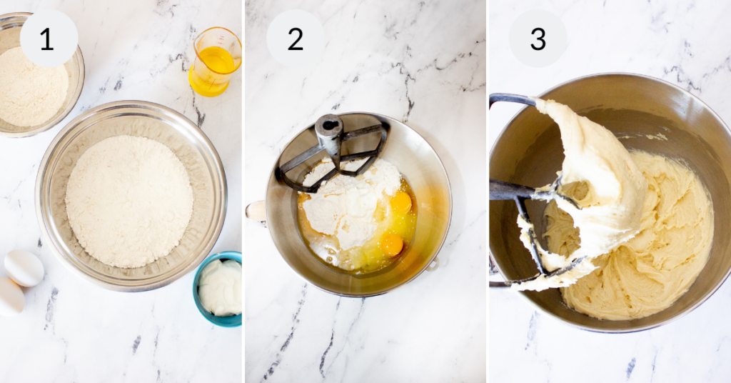 a collage of 3 images showing the ingredients and how to make the batter for sugar cookies with cake mix